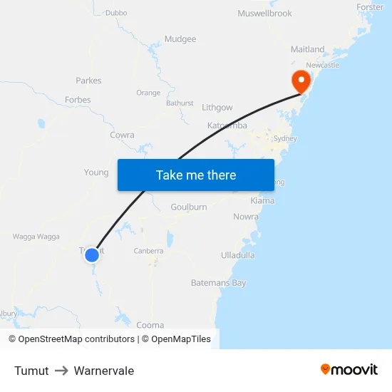 Tumut to Warnervale map