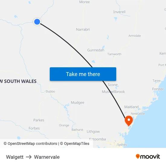 Walgett to Warnervale map