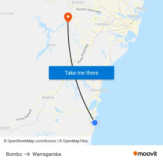 Bombo to Warragamba map