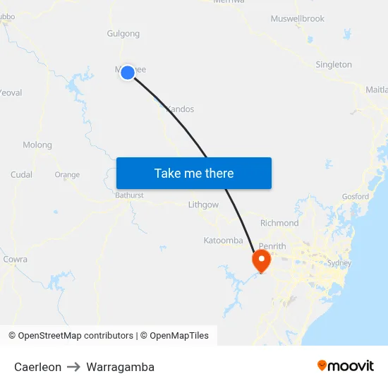 Caerleon to Warragamba map