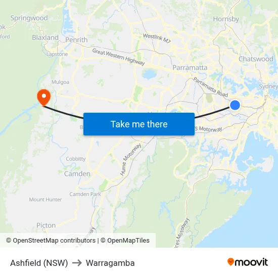Ashfield (NSW) to Warragamba map