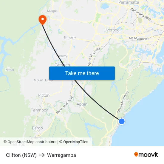 Clifton (NSW) to Warragamba map