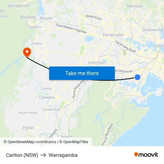 Carlton (NSW) to Warragamba map