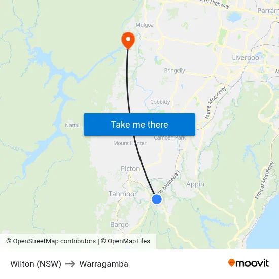 Wilton (NSW) to Warragamba map