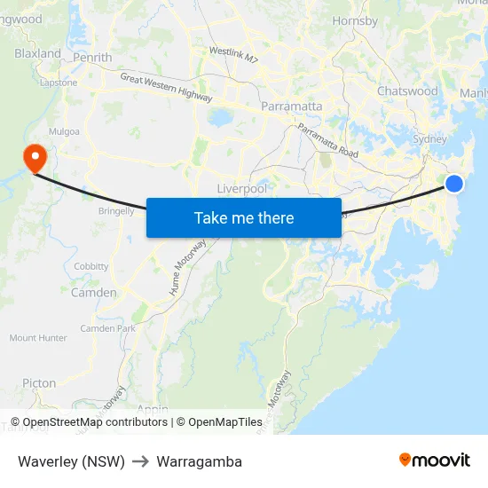 Waverley (NSW) to Warragamba map