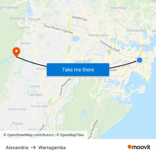 Alexandria to Warragamba map