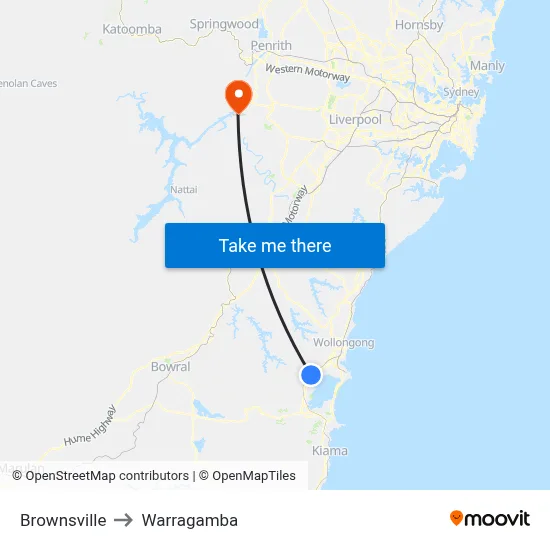 Brownsville to Warragamba map