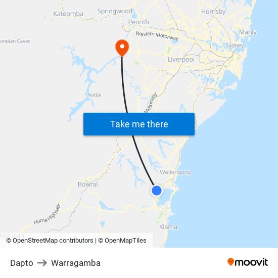 Dapto to Warragamba map