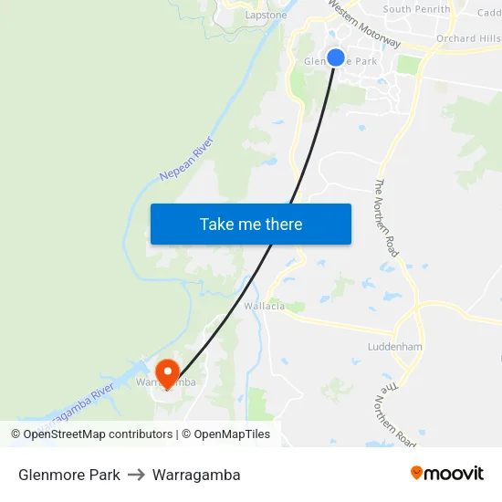 Glenmore Park to Warragamba map