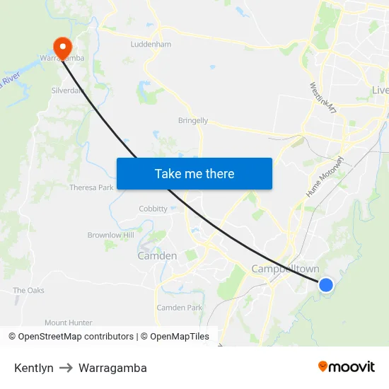 Kentlyn to Warragamba map