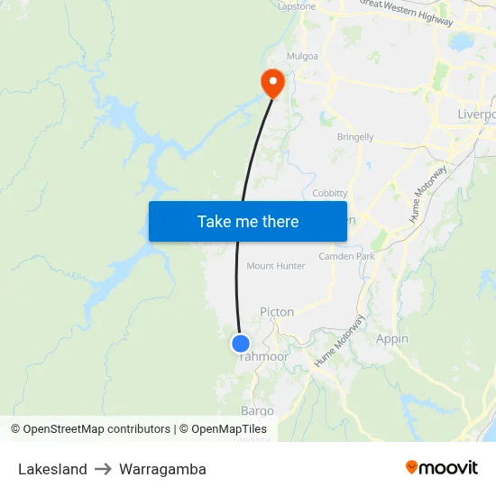 Lakesland to Warragamba map