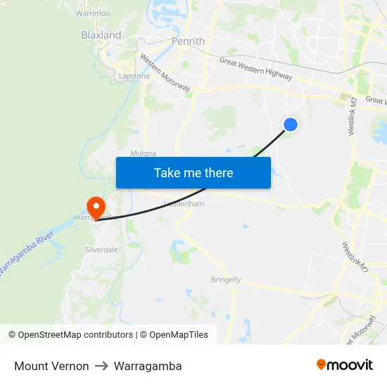 Mount Vernon to Warragamba map