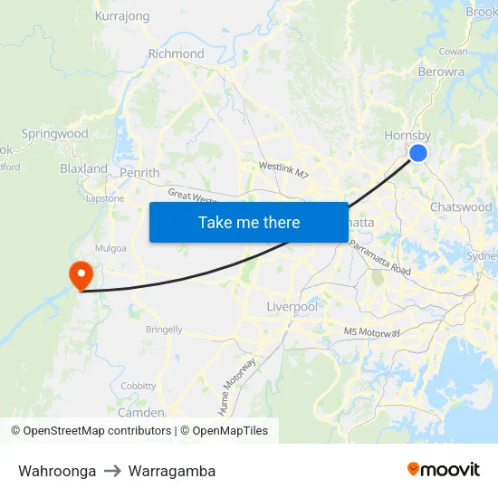 Wahroonga to Warragamba map
