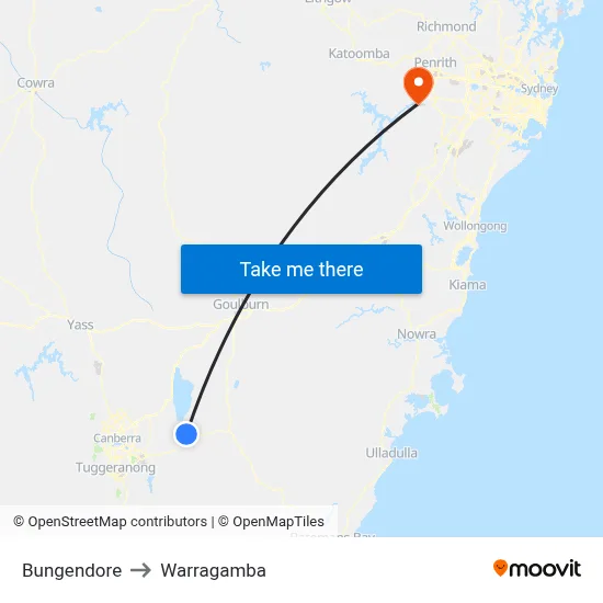 Bungendore to Warragamba map
