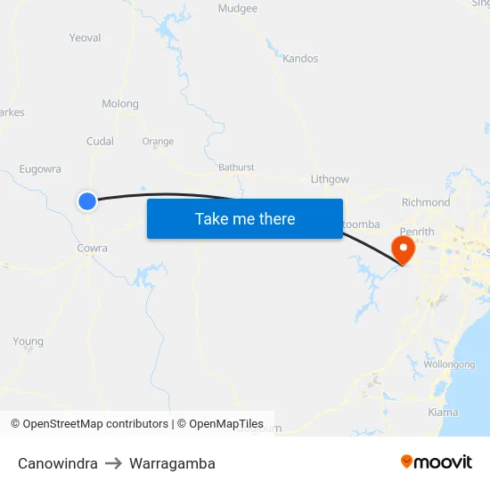 Canowindra to Warragamba map