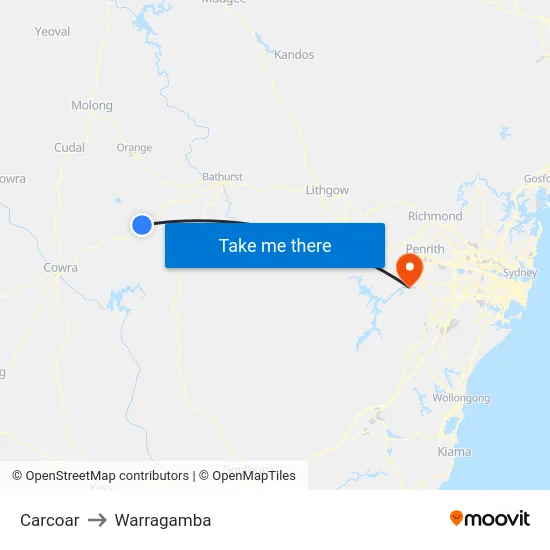 Carcoar to Warragamba map