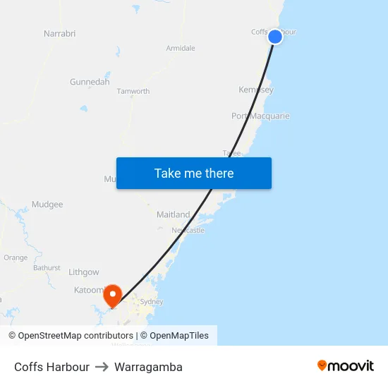 Coffs Harbour to Warragamba map