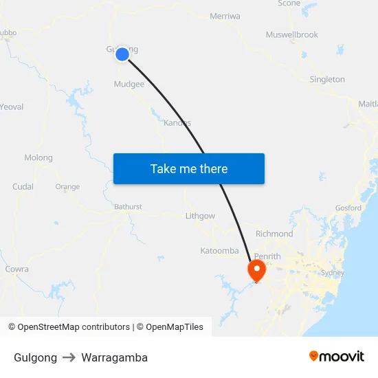 Gulgong to Warragamba map