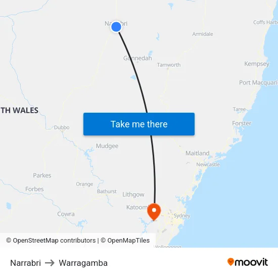 Narrabri to Warragamba map