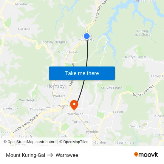 Mount Kuring-Gai to Warrawee map