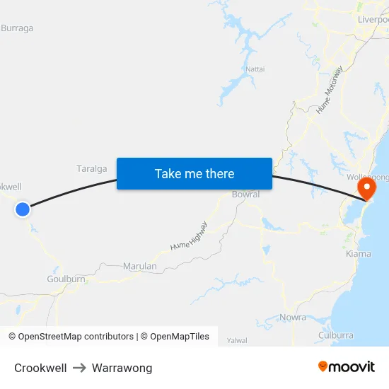 Crookwell to Warrawong map