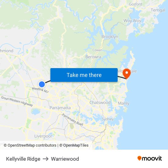 Kellyville Ridge to Warriewood map