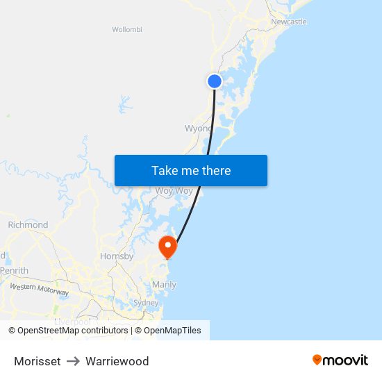 Morisset to Warriewood map