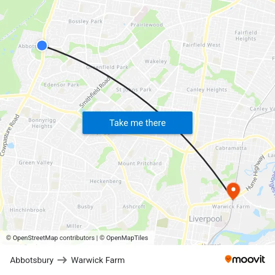 Abbotsbury to Warwick Farm map