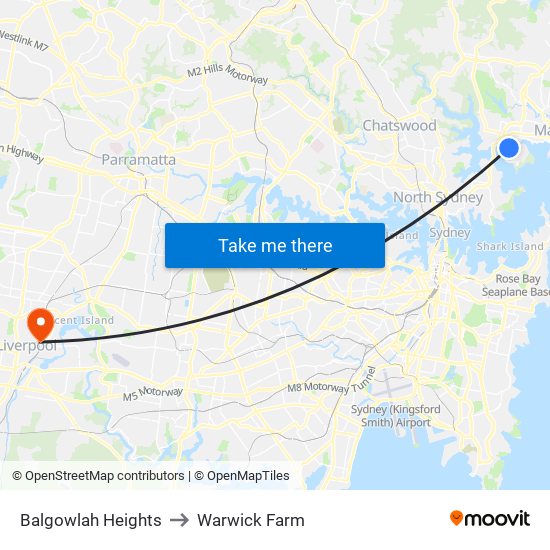 Balgowlah Heights to Warwick Farm map