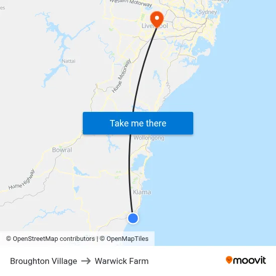 Broughton Village to Warwick Farm map