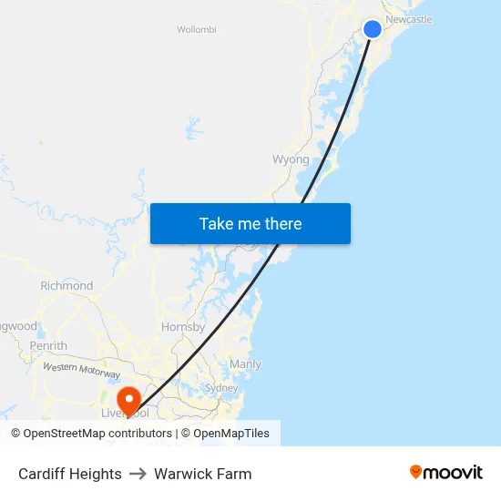 Cardiff Heights to Warwick Farm map