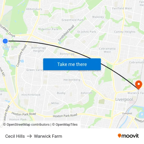 Cecil Hills to Warwick Farm map