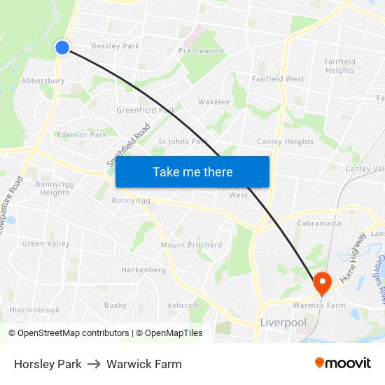 Horsley Park to Warwick Farm map