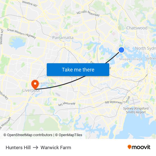 Hunters Hill to Warwick Farm map