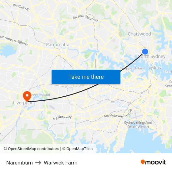 Naremburn to Warwick Farm map