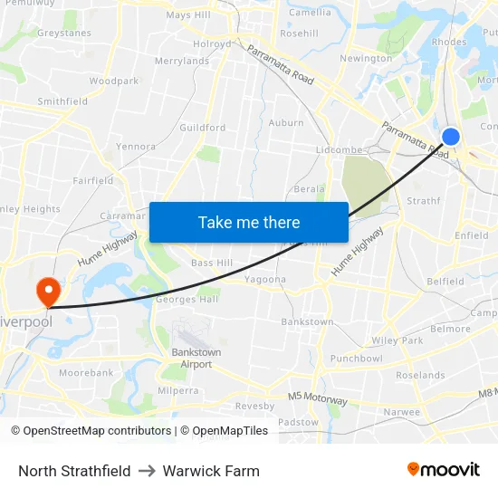 North Strathfield to Warwick Farm map