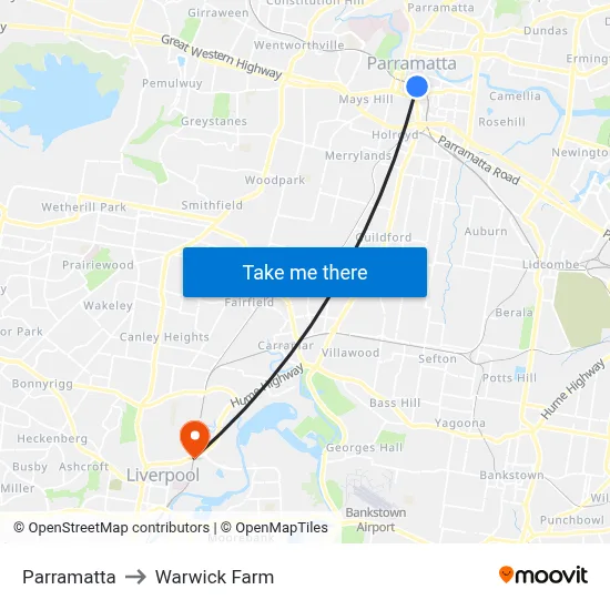 Parramatta to Warwick Farm map