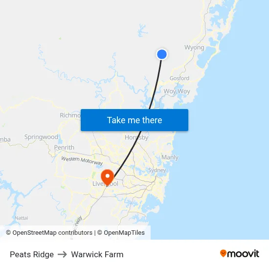 Peats Ridge to Warwick Farm map