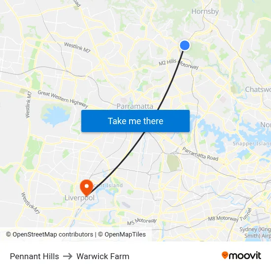 Pennant Hills to Warwick Farm map