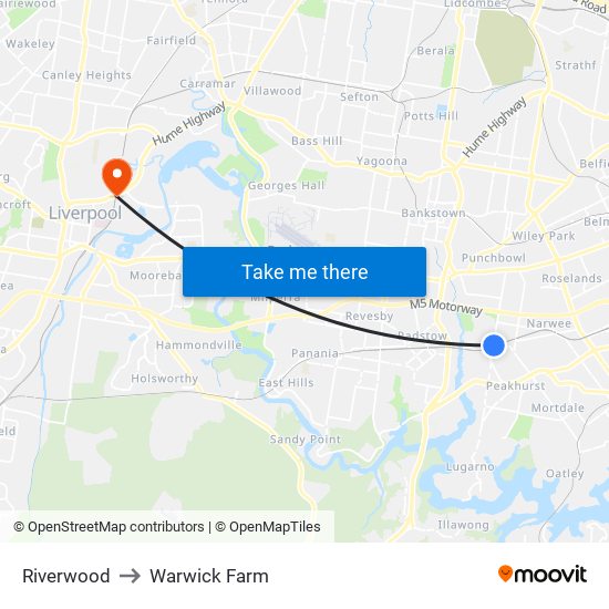 Riverwood to Warwick Farm map