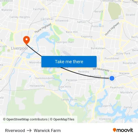 Riverwood to Warwick Farm map