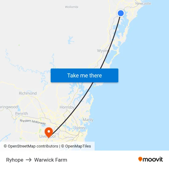 Ryhope to Warwick Farm map