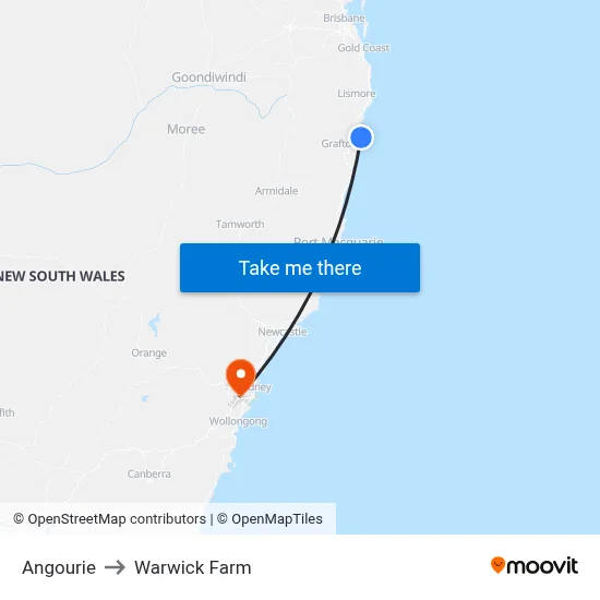 Angourie to Warwick Farm map