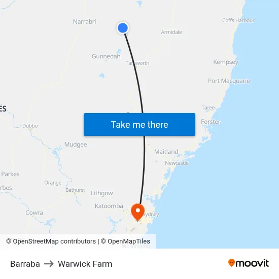 Barraba to Warwick Farm map