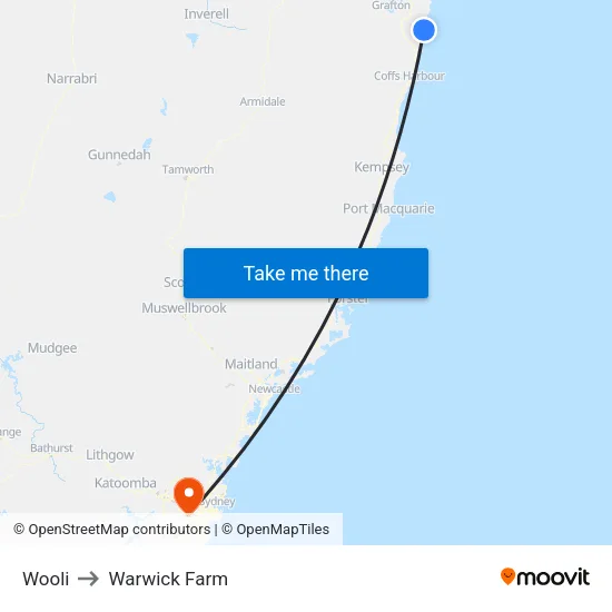 Wooli to Warwick Farm map