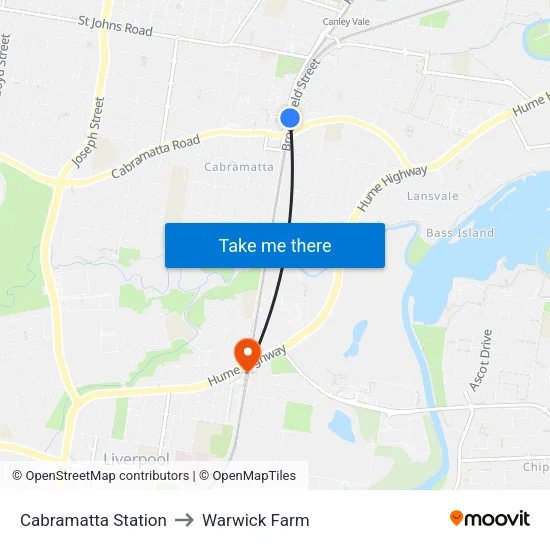 Cabramatta Station to Warwick Farm map