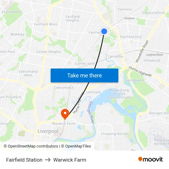 Fairfield Station to Warwick Farm map