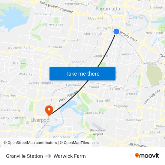 Granville Station to Warwick Farm map