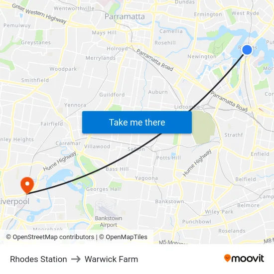 Rhodes Station to Warwick Farm map