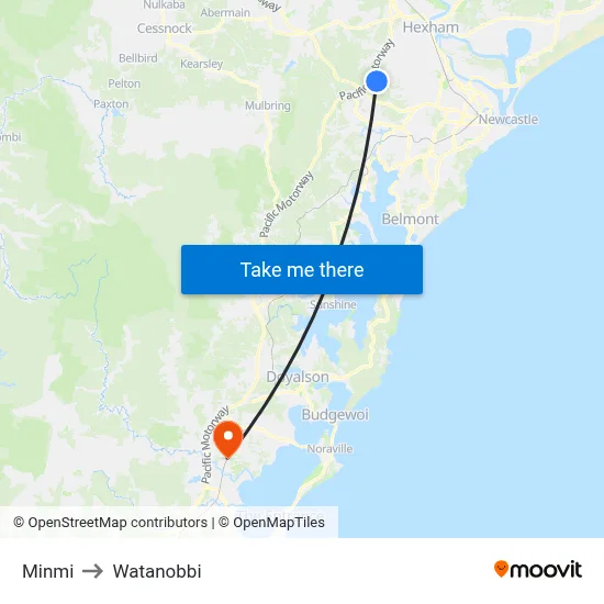 Minmi to Watanobbi map